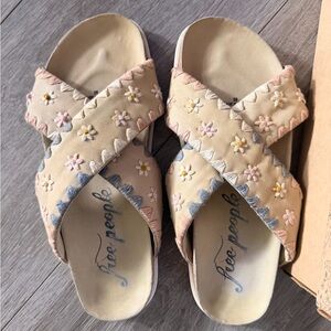 NWT Free People Floral Embroidered Sandals - Cream and Blue